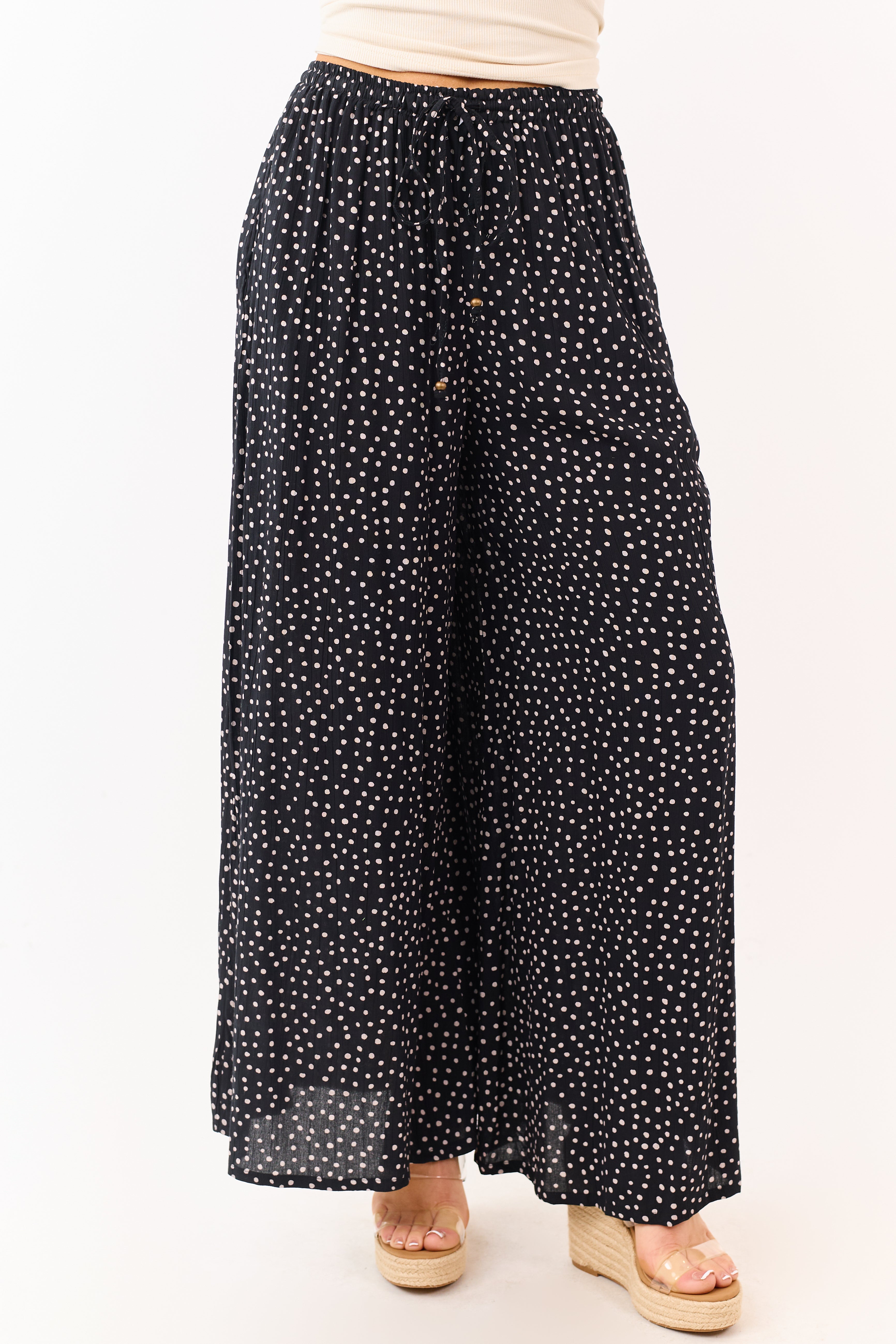 Black Polka Dot Elastic Waist Wide Leg Pants | Lime Lush Boutique