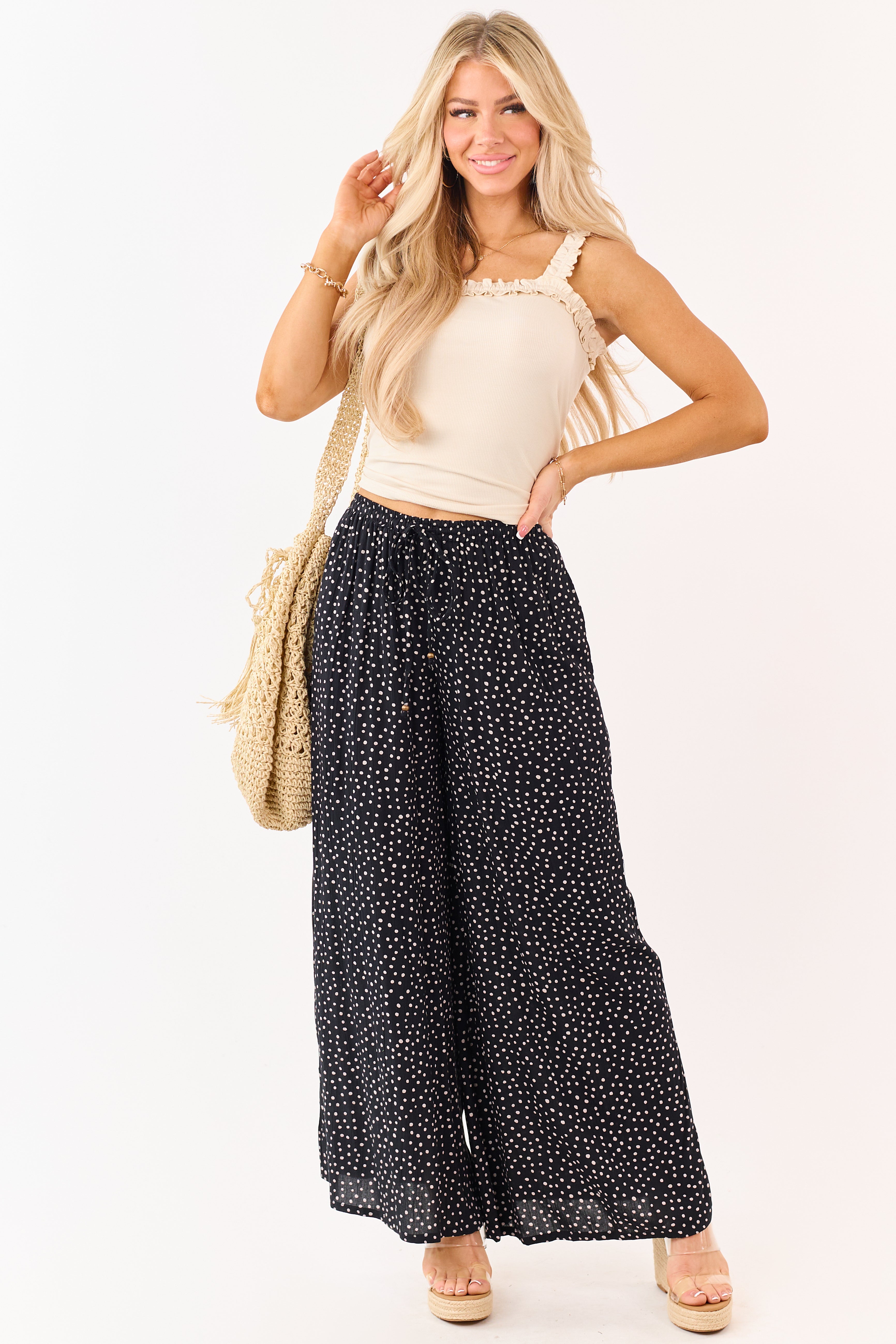Black Polka Dot Elastic Waist Wide Leg Pants