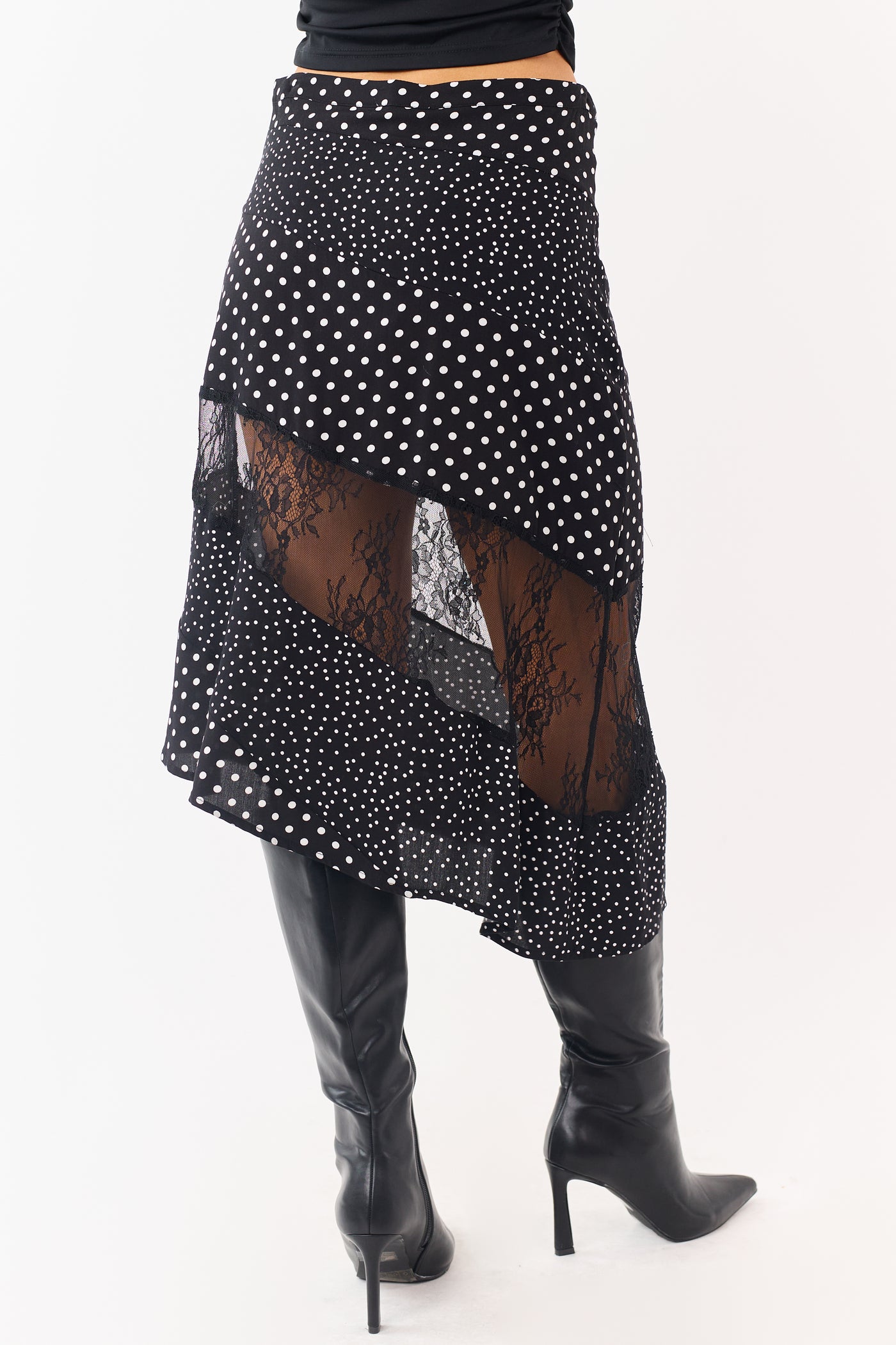Black Polka Dot Lace Asymmetrical Midi Skirt