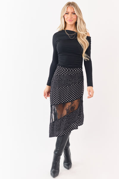 Black Polka Dot Lace Asymmetrical Midi Skirt