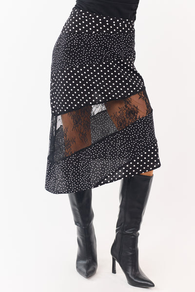 Black Polka Dot Lace Asymmetrical Midi Skirt