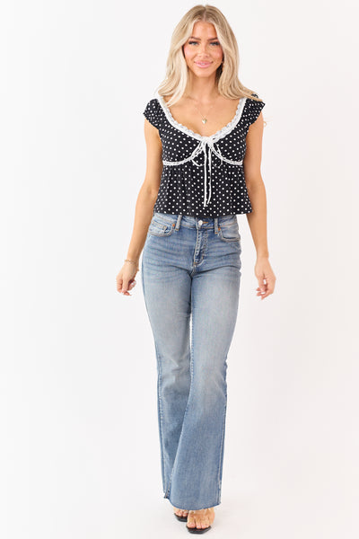 Black Polka Dot Lace Cropped Bow Detail Tank Top