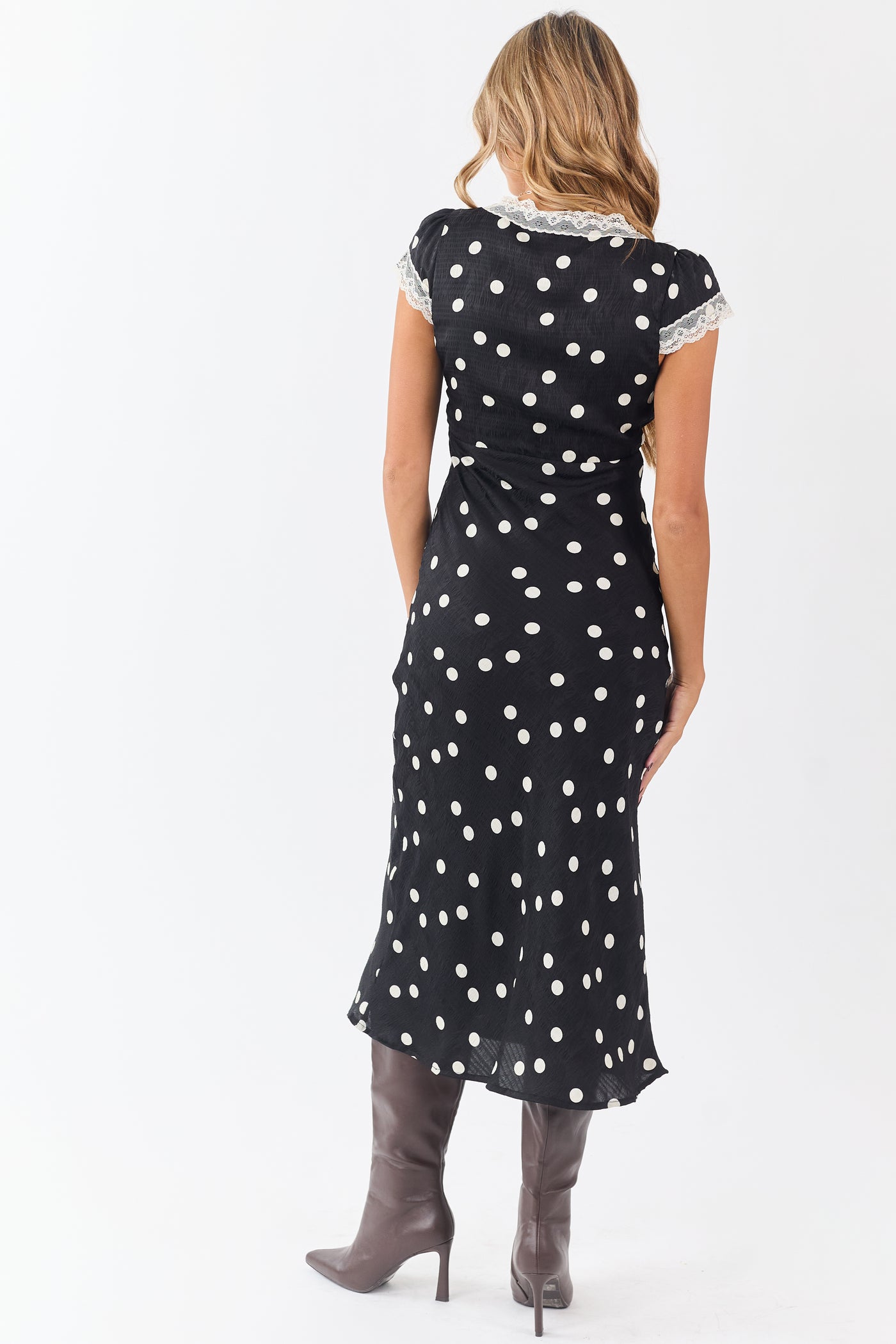 Black Polka Dot Lace Trim V-Neck Maxi Dress