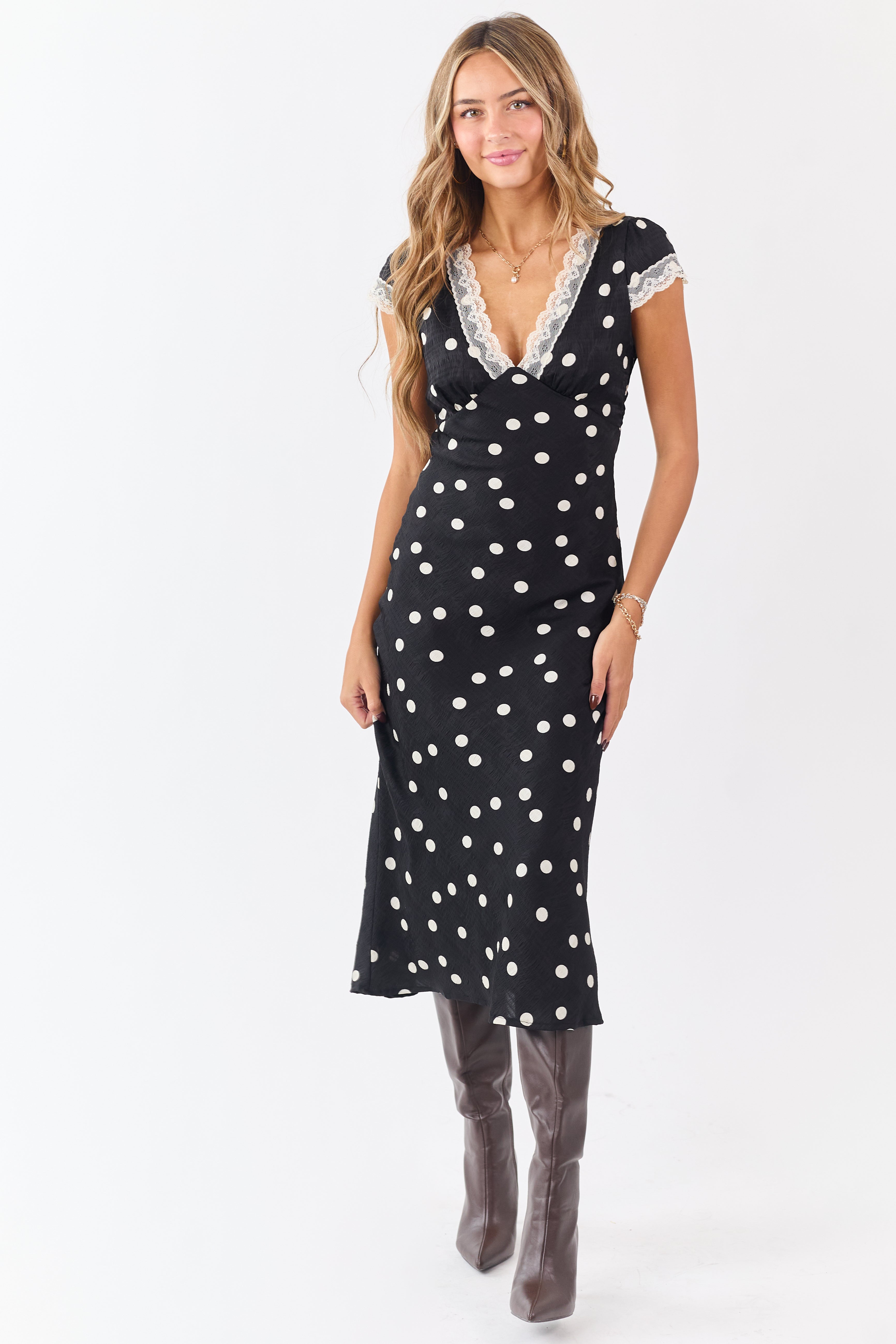 Black Polka Dot Lace Trim V-Neck Maxi Dress