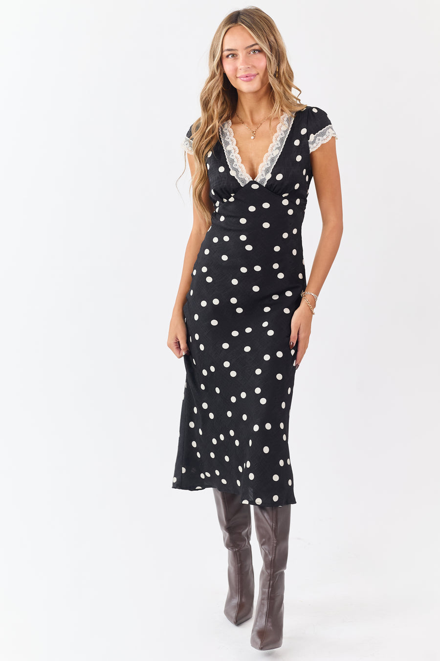 Black Polka Dot Lace Trim V-Neck Maxi Dress