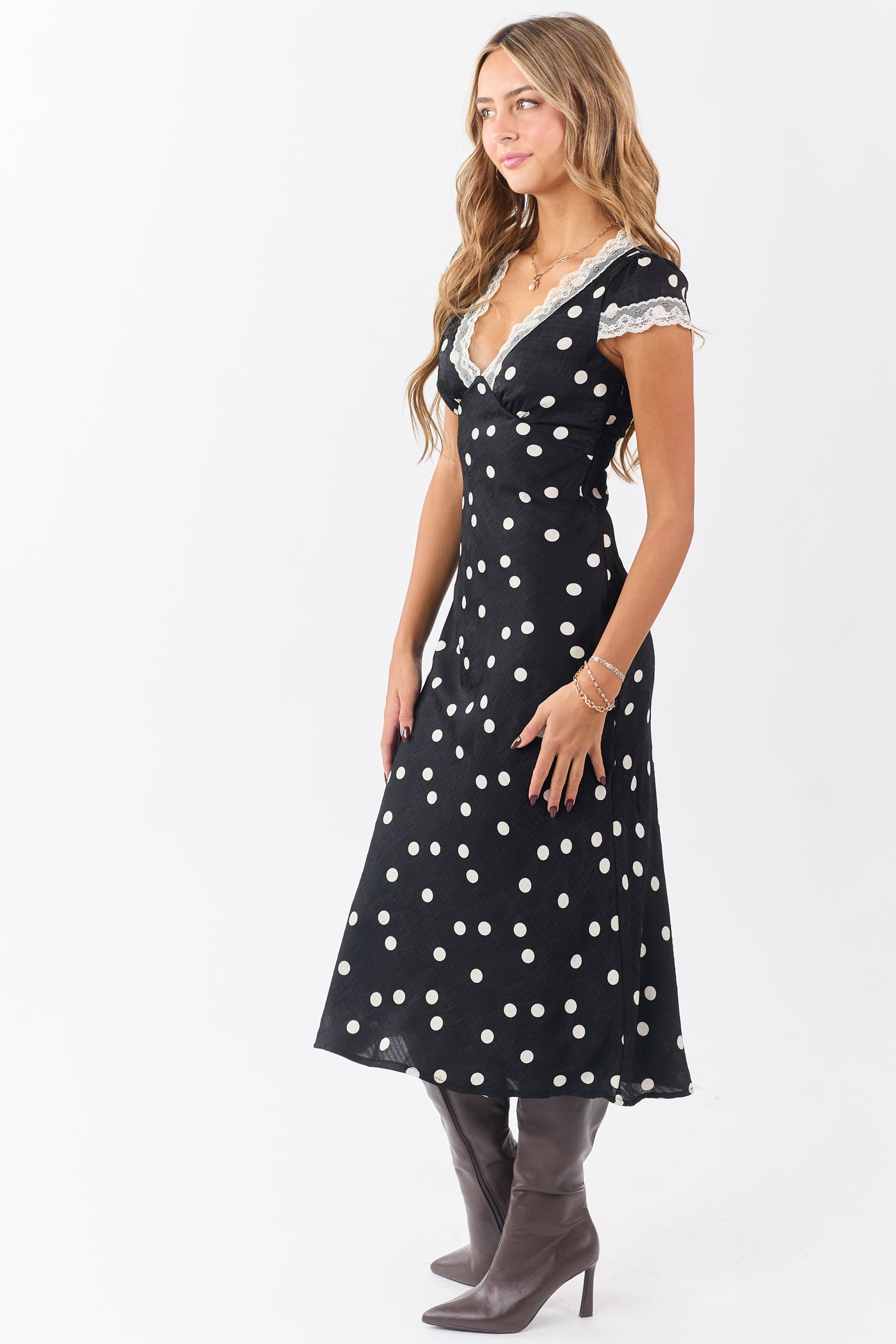 Black Polka Dot Lace Trim V-Neck Maxi Dress