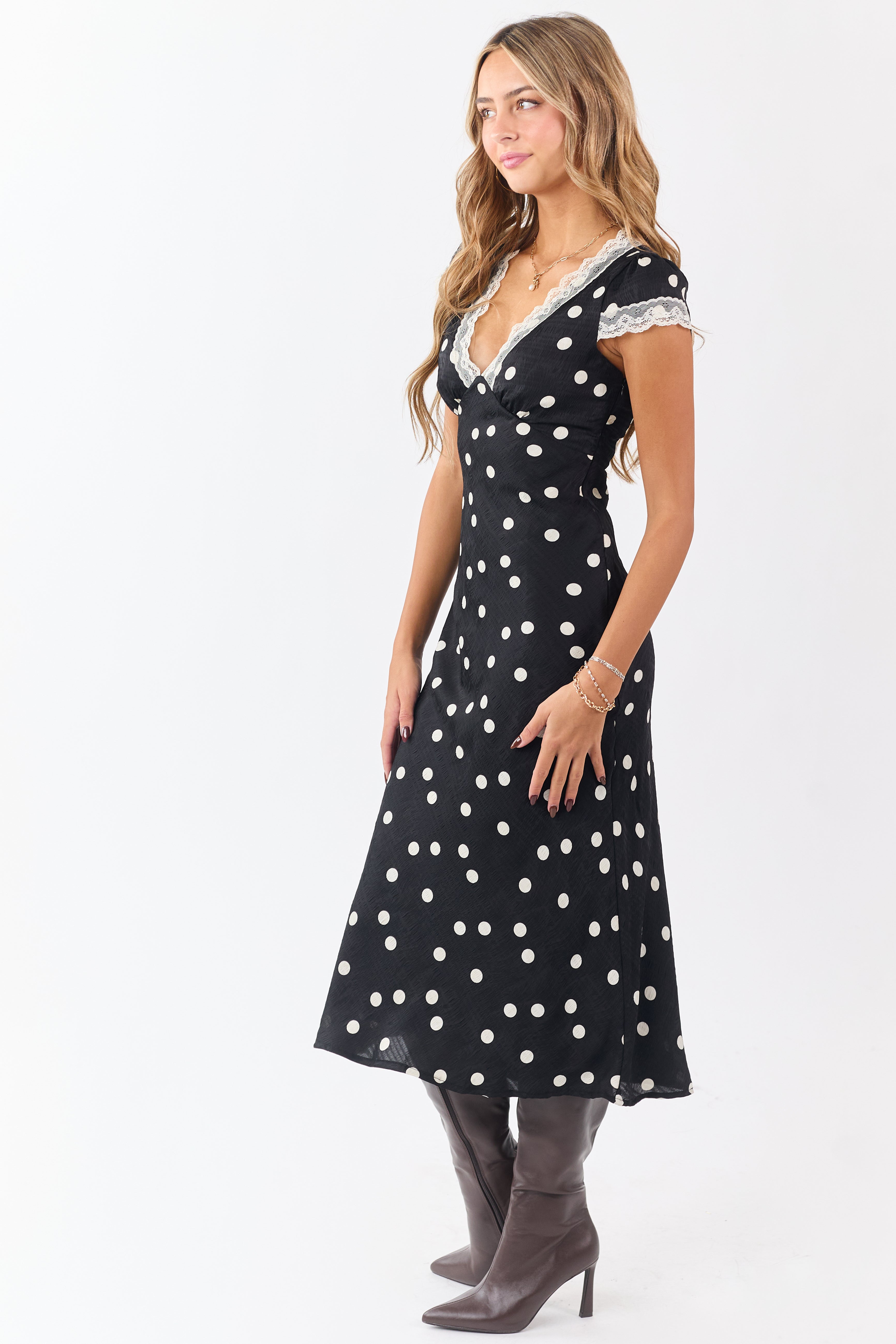 Black Polka Dot Lace Trim V-Neck Maxi Dress