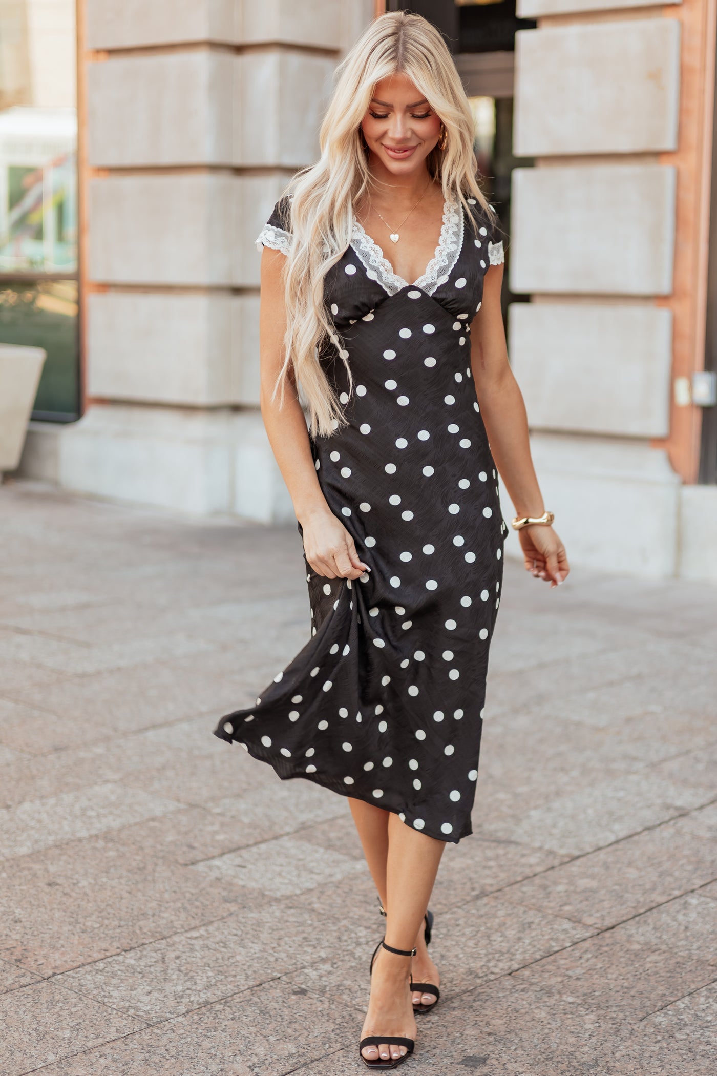 Black Polka Dot Lace Trim V-Neck Maxi Dress