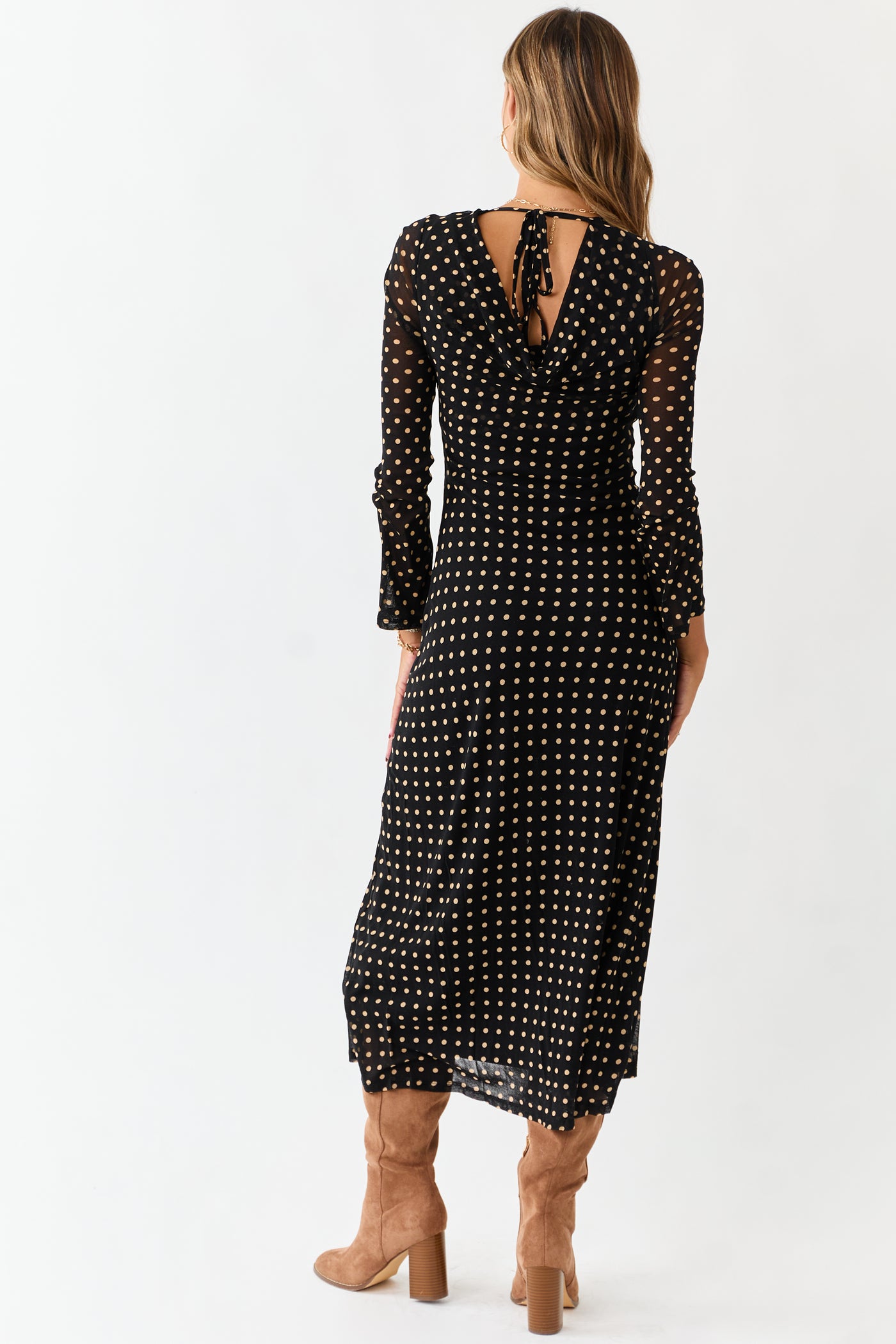 Black Polka Dot Long Sleeve Mesh Midi Dress