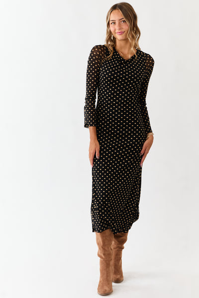 Black Polka Dot Long Sleeve Mesh Midi Dress