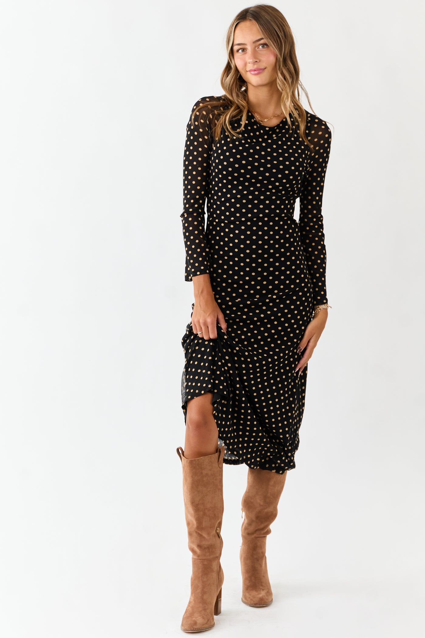 Black Polka Dot Long Sleeve Mesh Midi Dress | Lime Lush Boutique Black Polka Dot Long Sleeve Mesh Midi Dress | Lime Lush Boutique