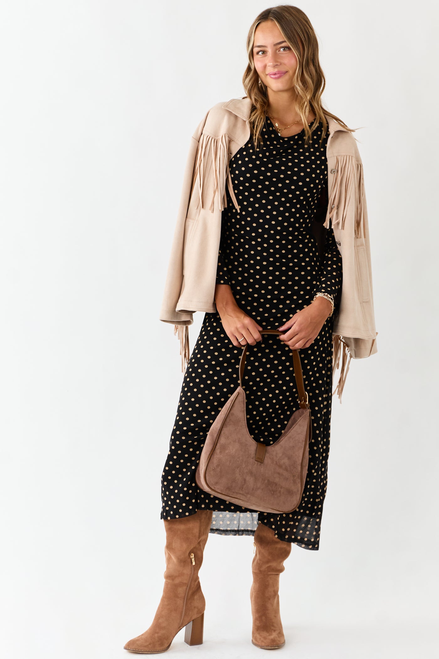 Black Polka Dot Long Sleeve Mesh Midi Dress