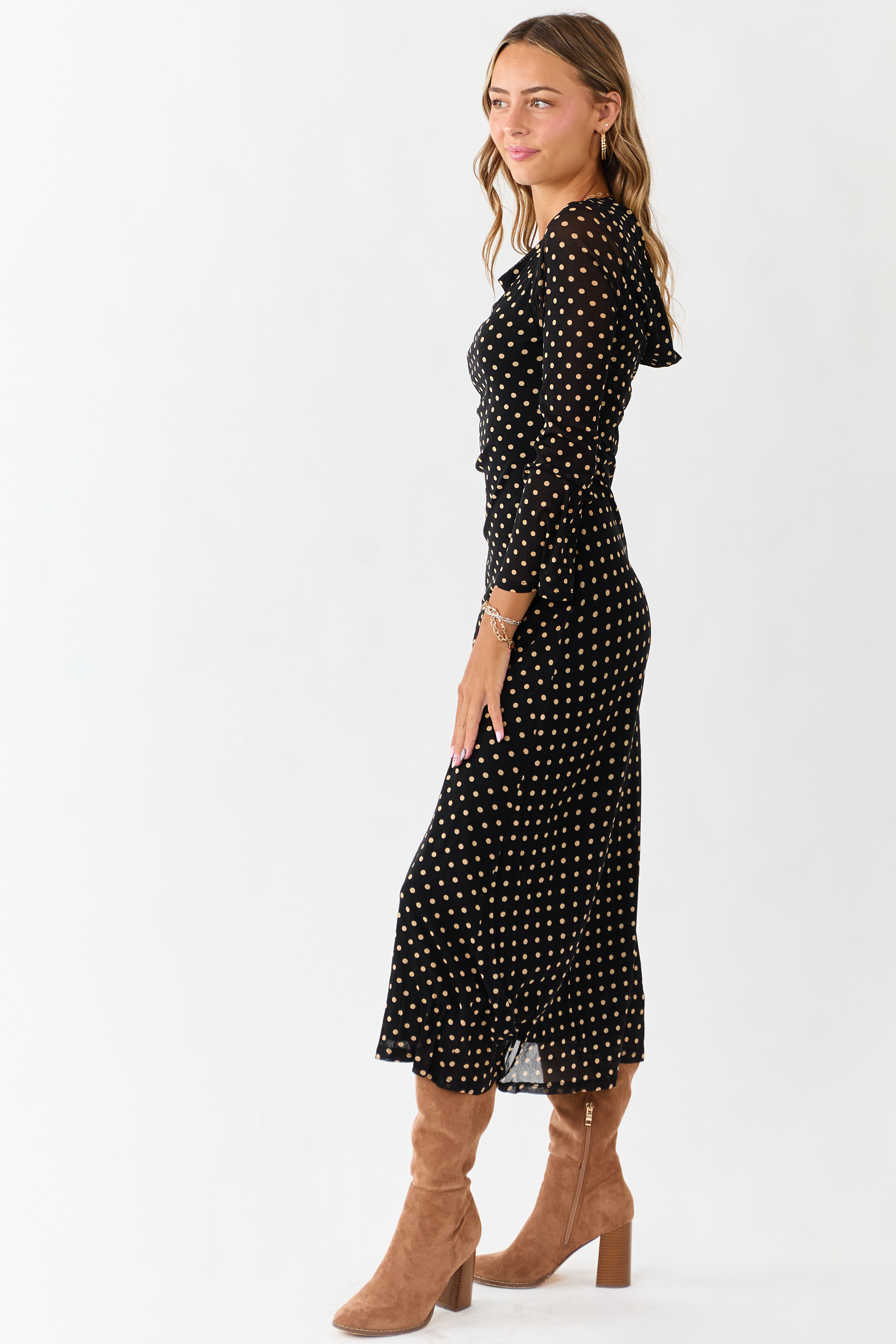 Black Polka Dot Long Sleeve Mesh Midi Dress