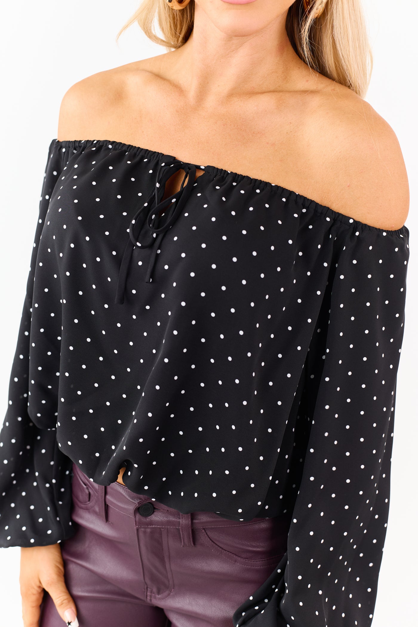 Black Polka Dot Off the Shoulder Bubble Hem Top