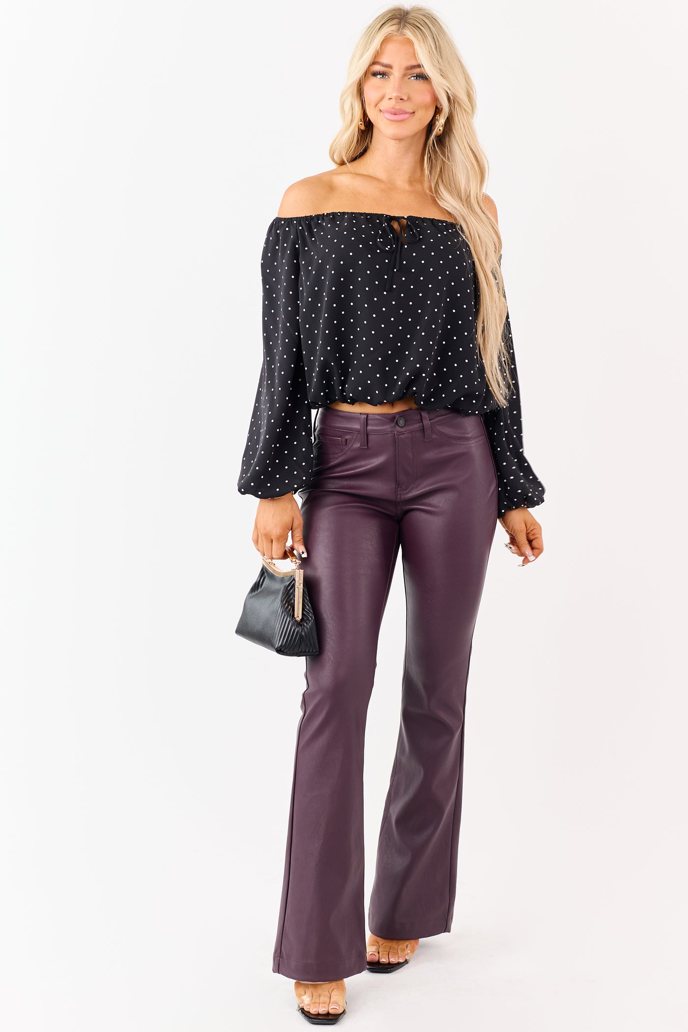 Black Polka Dot Off the Shoulder Bubble Hem Top