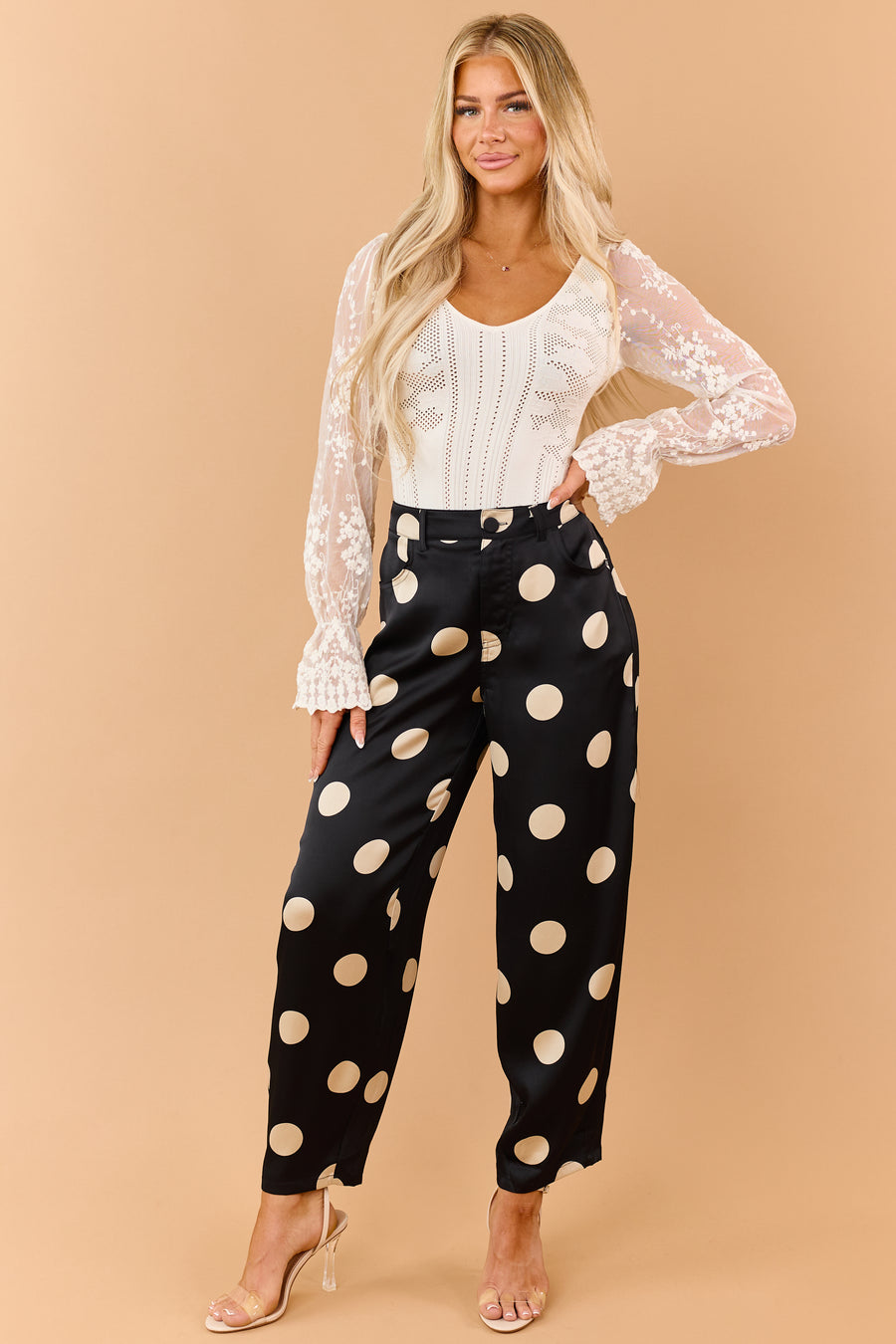 Black Polka Dot Satin High Waisted Barrel Pants