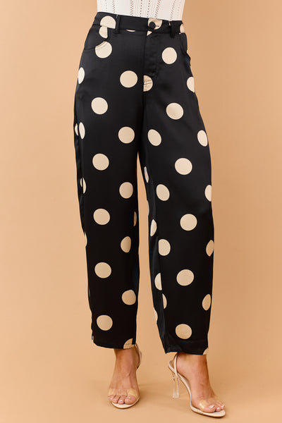 Black Polka Dot Satin High Waisted Barrel Pants
