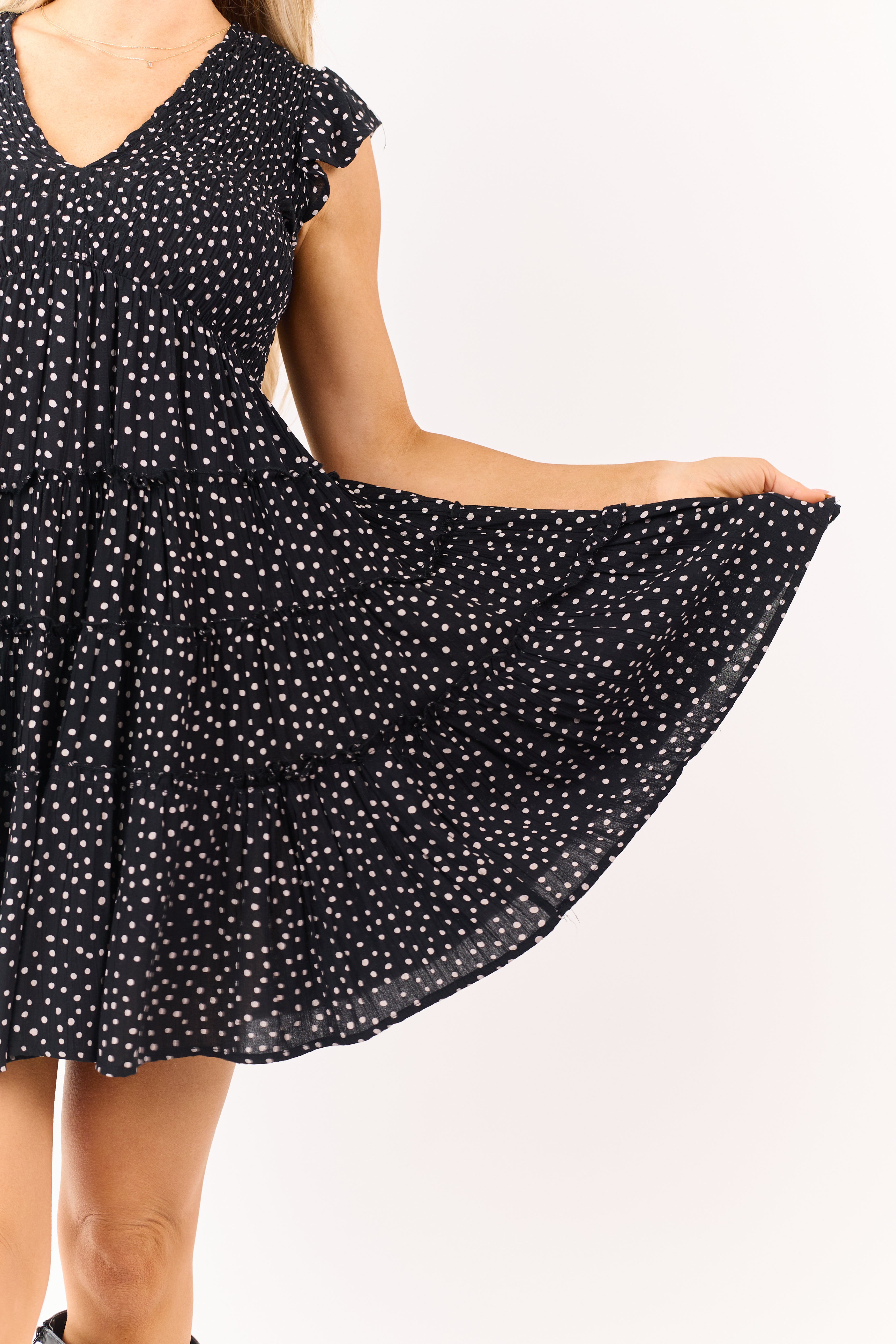 Black Polka Dot Short Sleeve Ruffle Trim Mini Dress