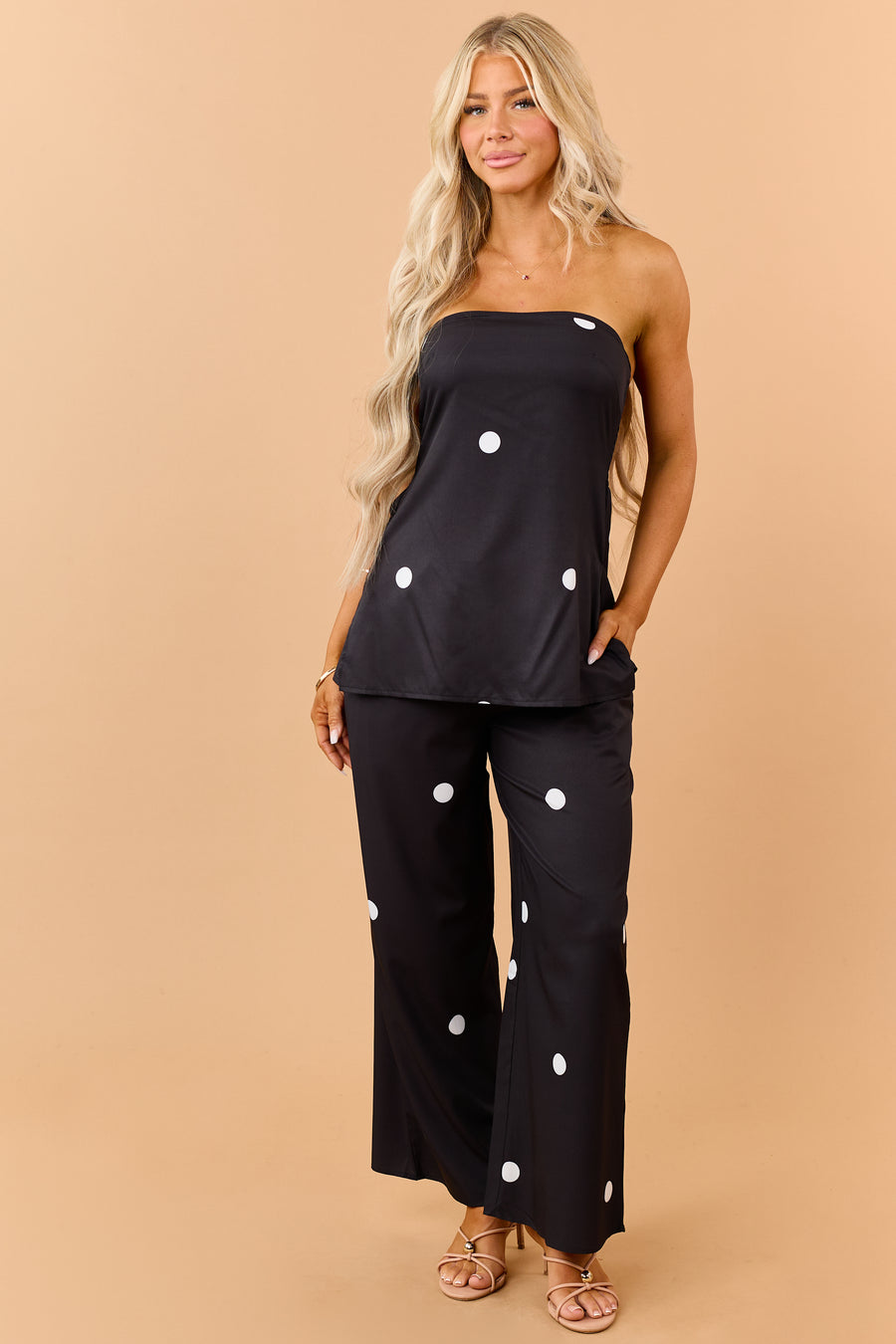 Black Polka Dot Strapless Top and Pants Set