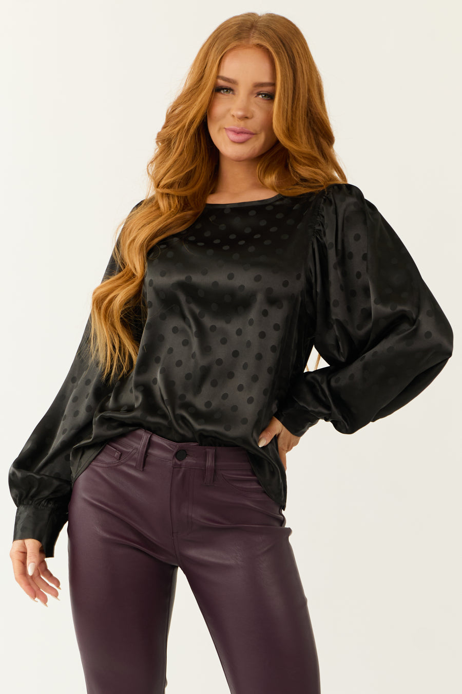 Black Polka Dot Textured Bubble Sleeve Satin Top