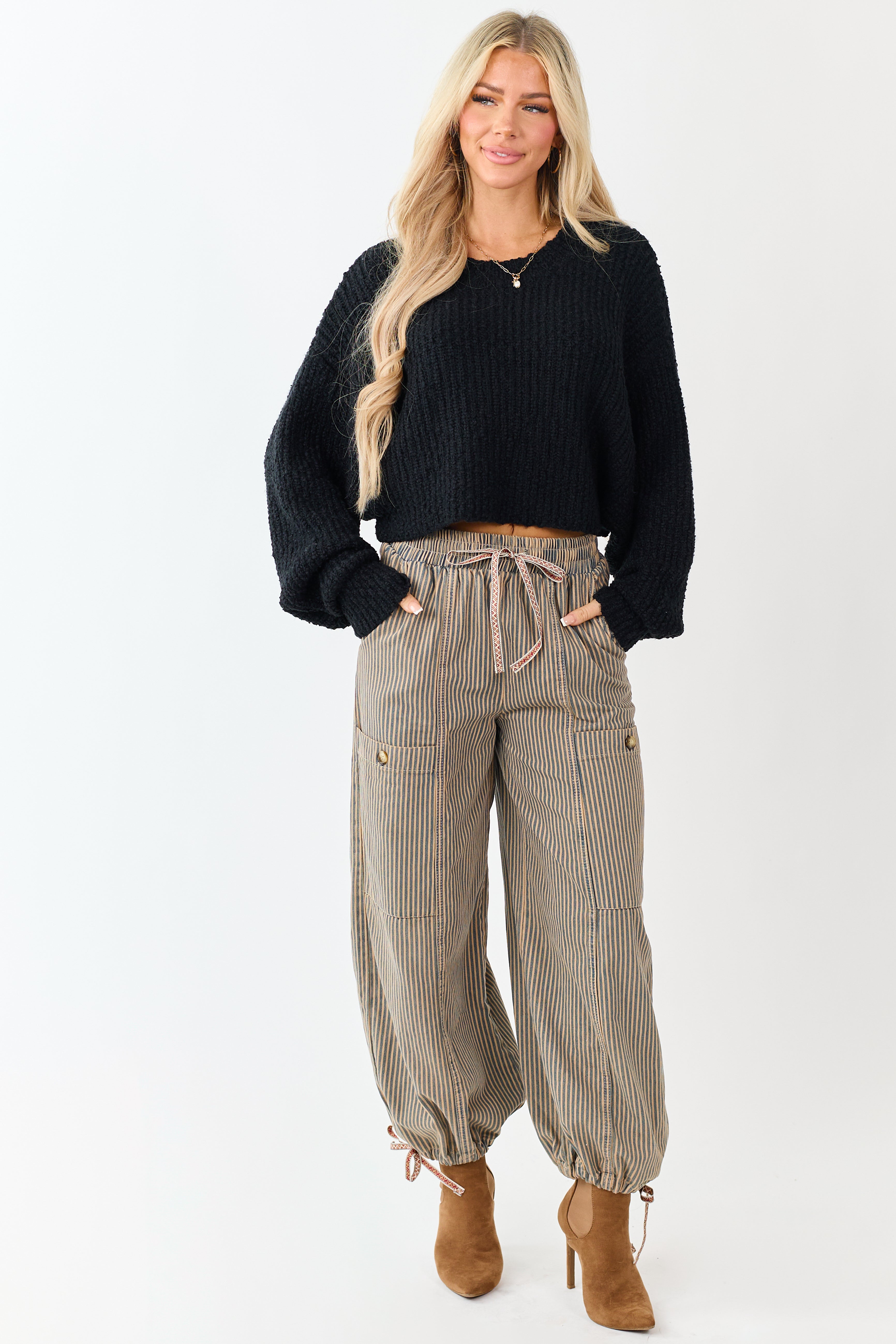 Black Popcorn Knit Cropped Oversized Sweater | Lime Lush Boutique