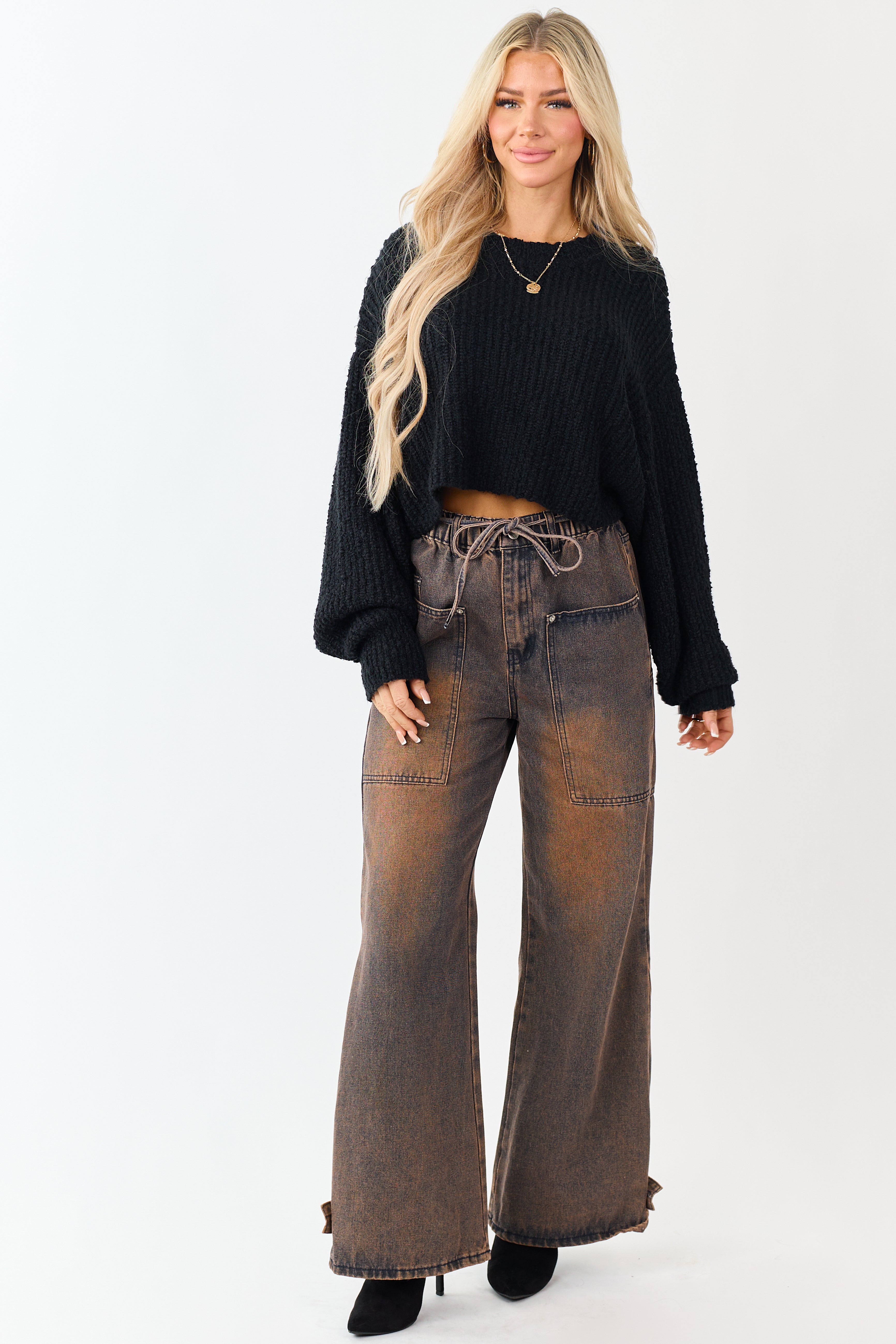 トップス willfully handmade randompearlknitvest Black Popcorn Knit Cropped Oversized Sweater | Lime Lush Boutique