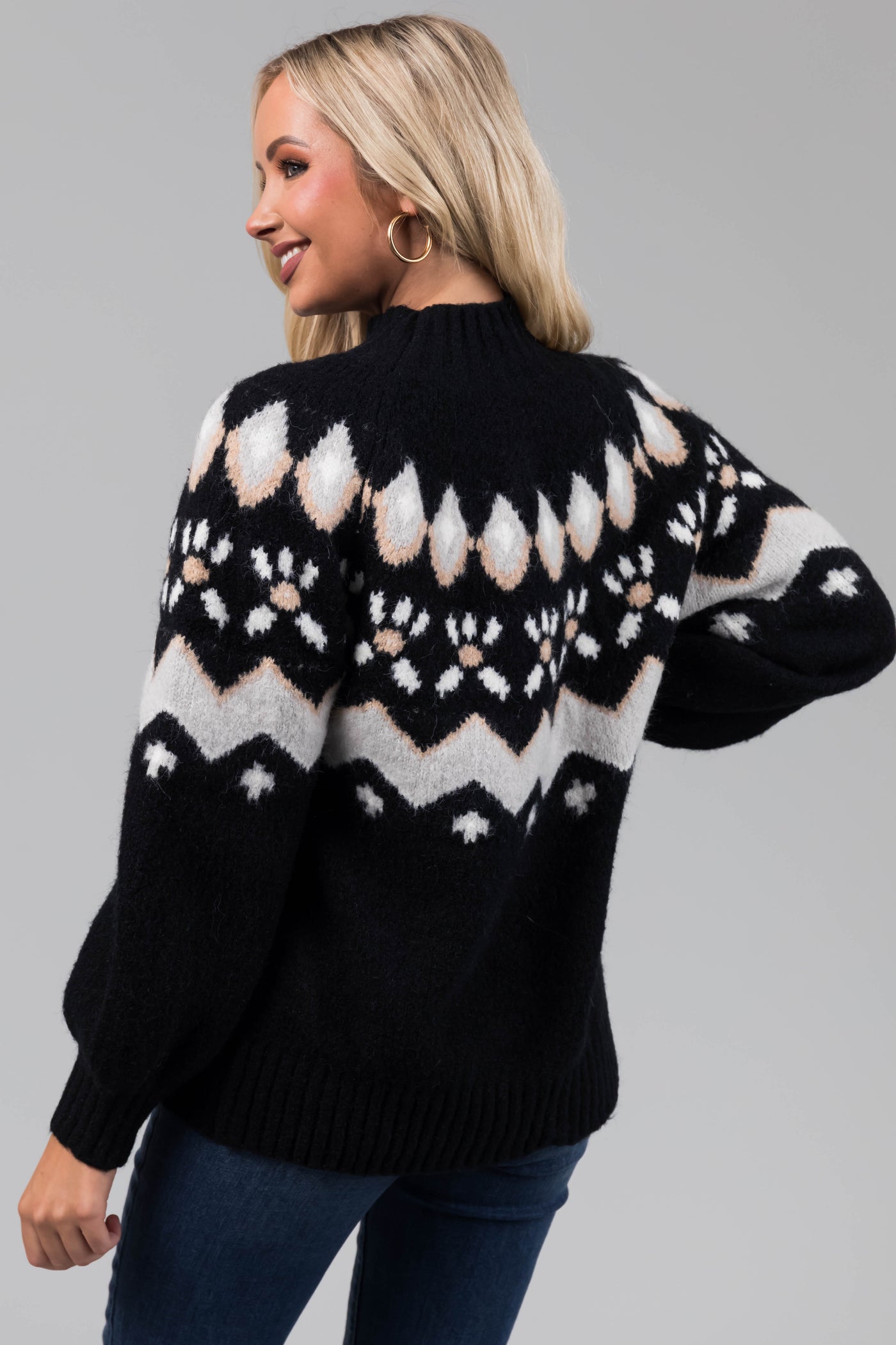 Black Printed Mock Neck Fuzzy Sweater
