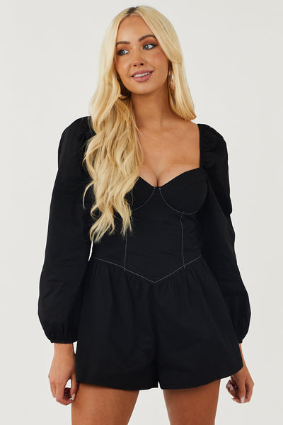 Black Puff Sleeve Bustier Corset Romper