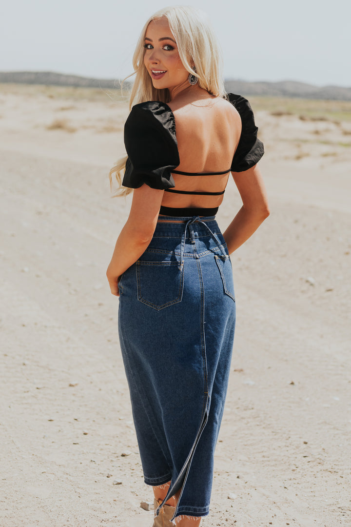 Black Puff Sleeve Strappy Open Back Crop Top