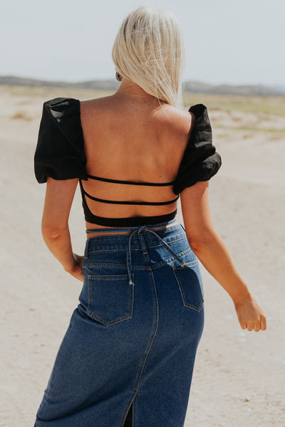 Black Puff Sleeve Strappy Open Back Crop Top
