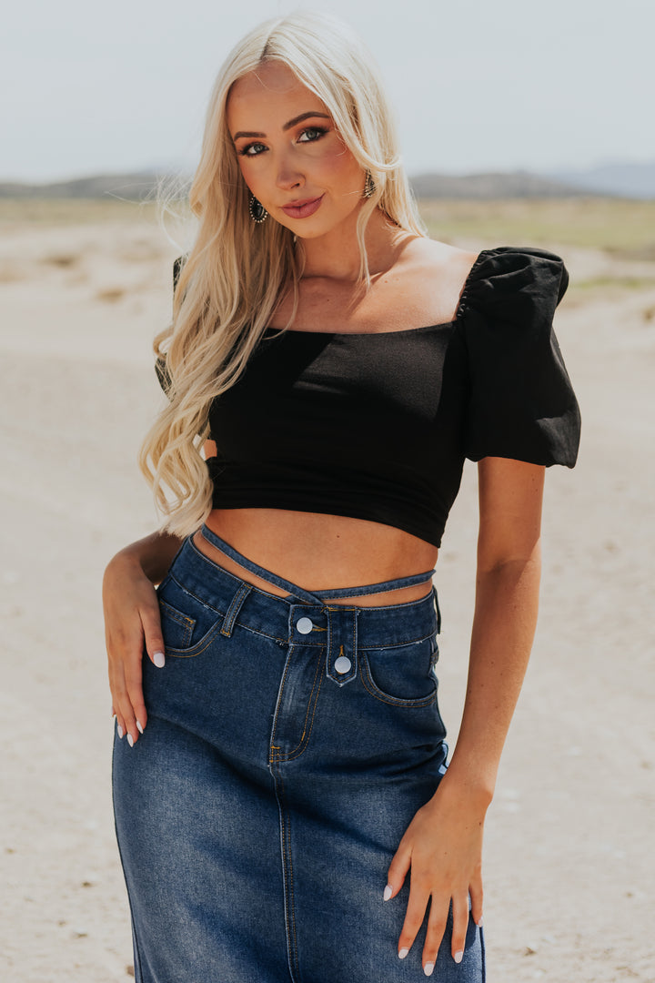 Black Puff Sleeve Strappy Open Back Crop Top