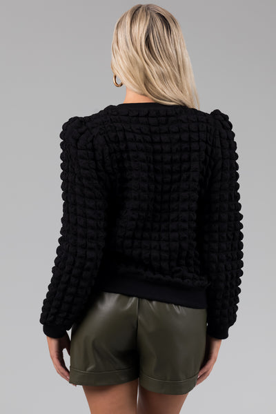Black Puffy Textured Long Sleeve Top