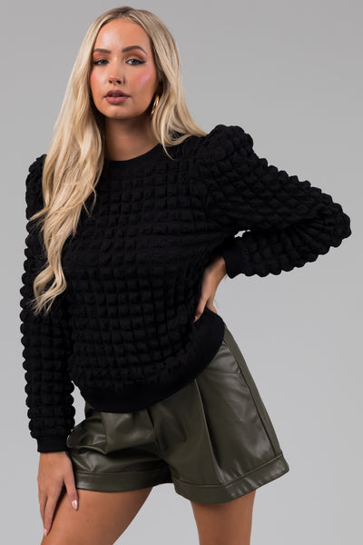 Black Puffy Textured Long Sleeve Top
