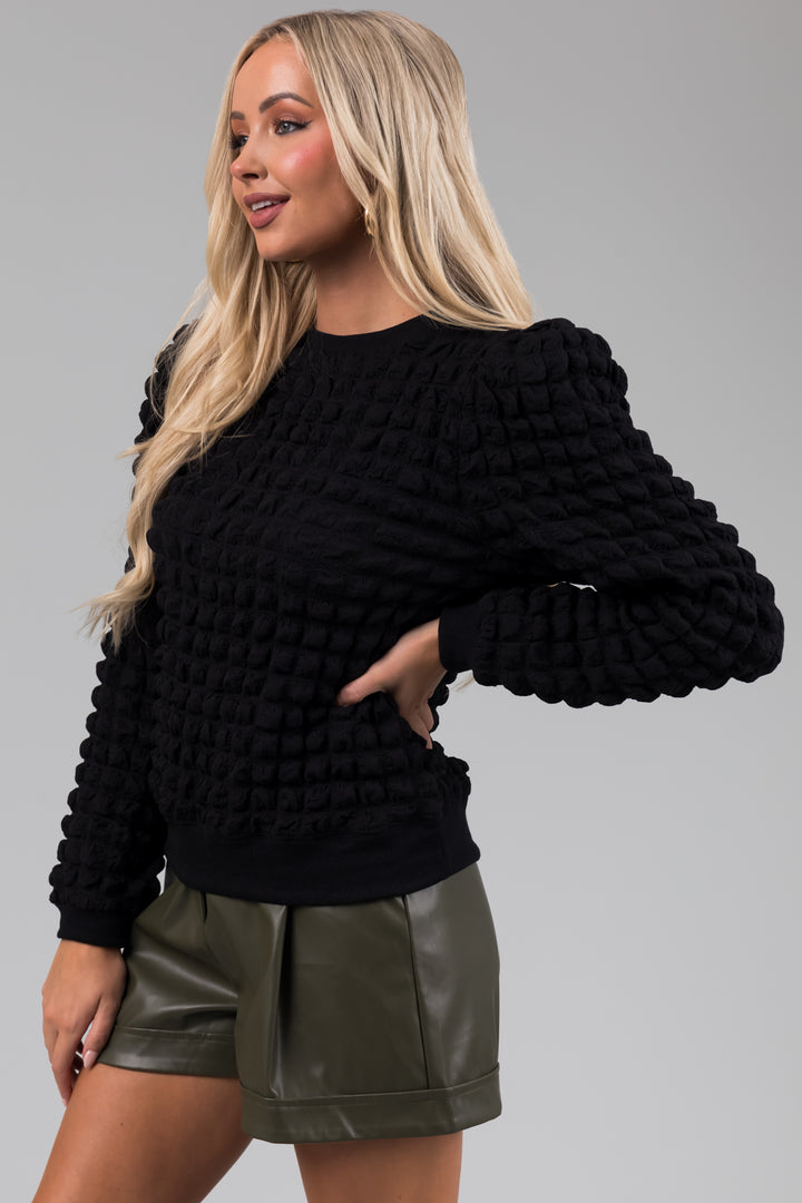 Black Puffy Textured Long Sleeve Top