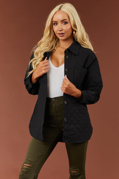Black Quilted Button Up Oversized Shacket