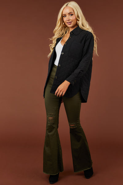 Black Quilted Button Up Oversized Shacket