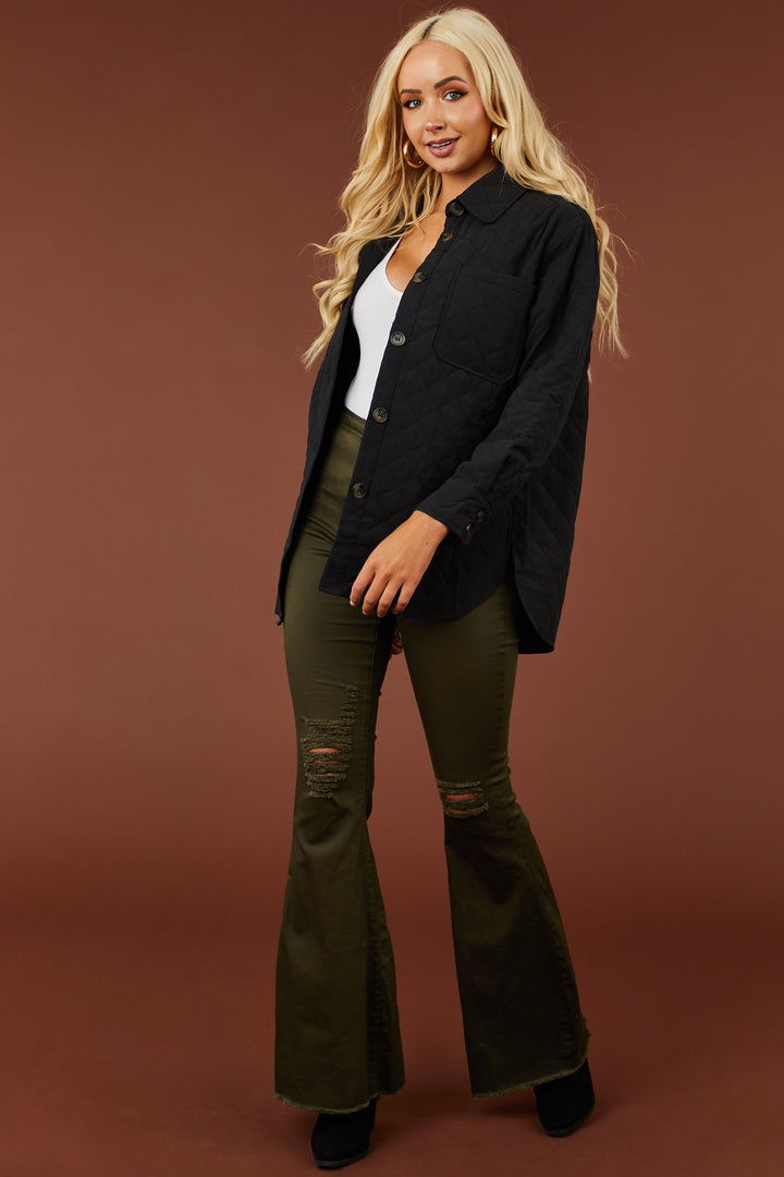 Black Quilted Button Up Oversized Shacket