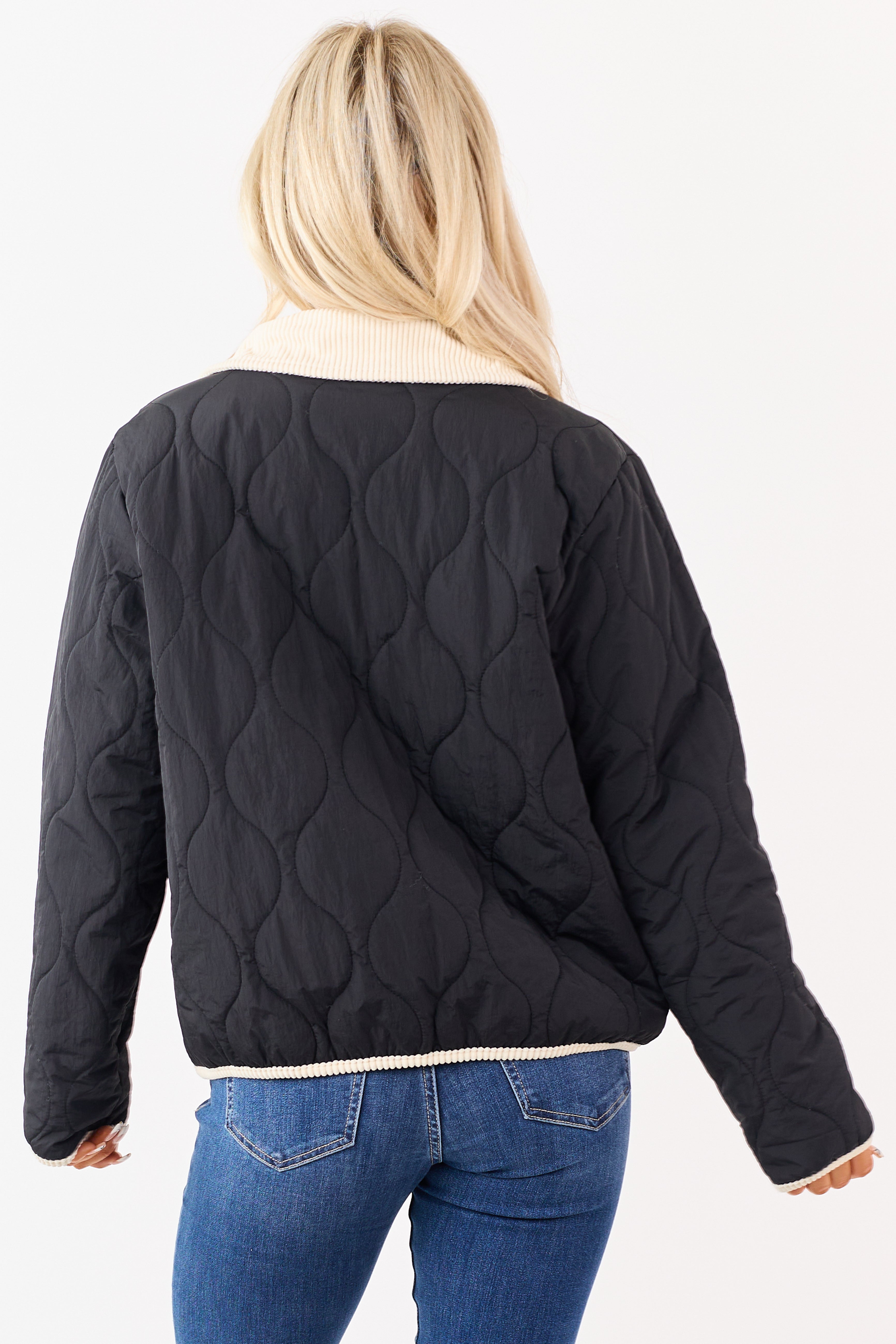 Black Quilted Contrast Corduroy Trim Jacket