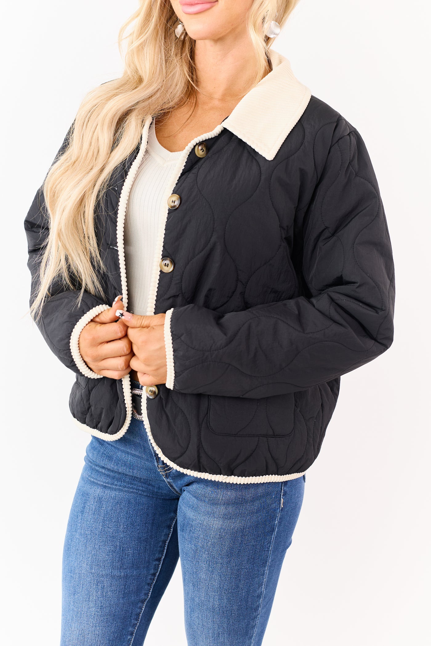 Black Quilted Contrast Corduroy Trim Jacket