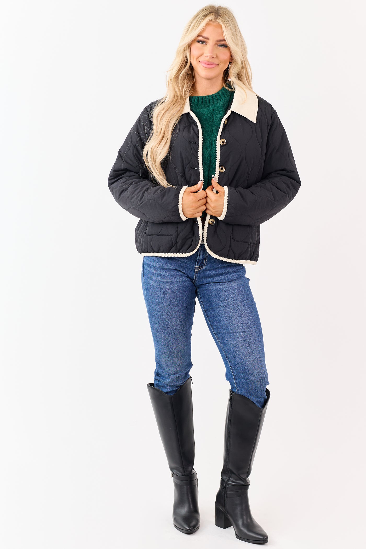 Black Quilted Contrast Corduroy Trim Jacket