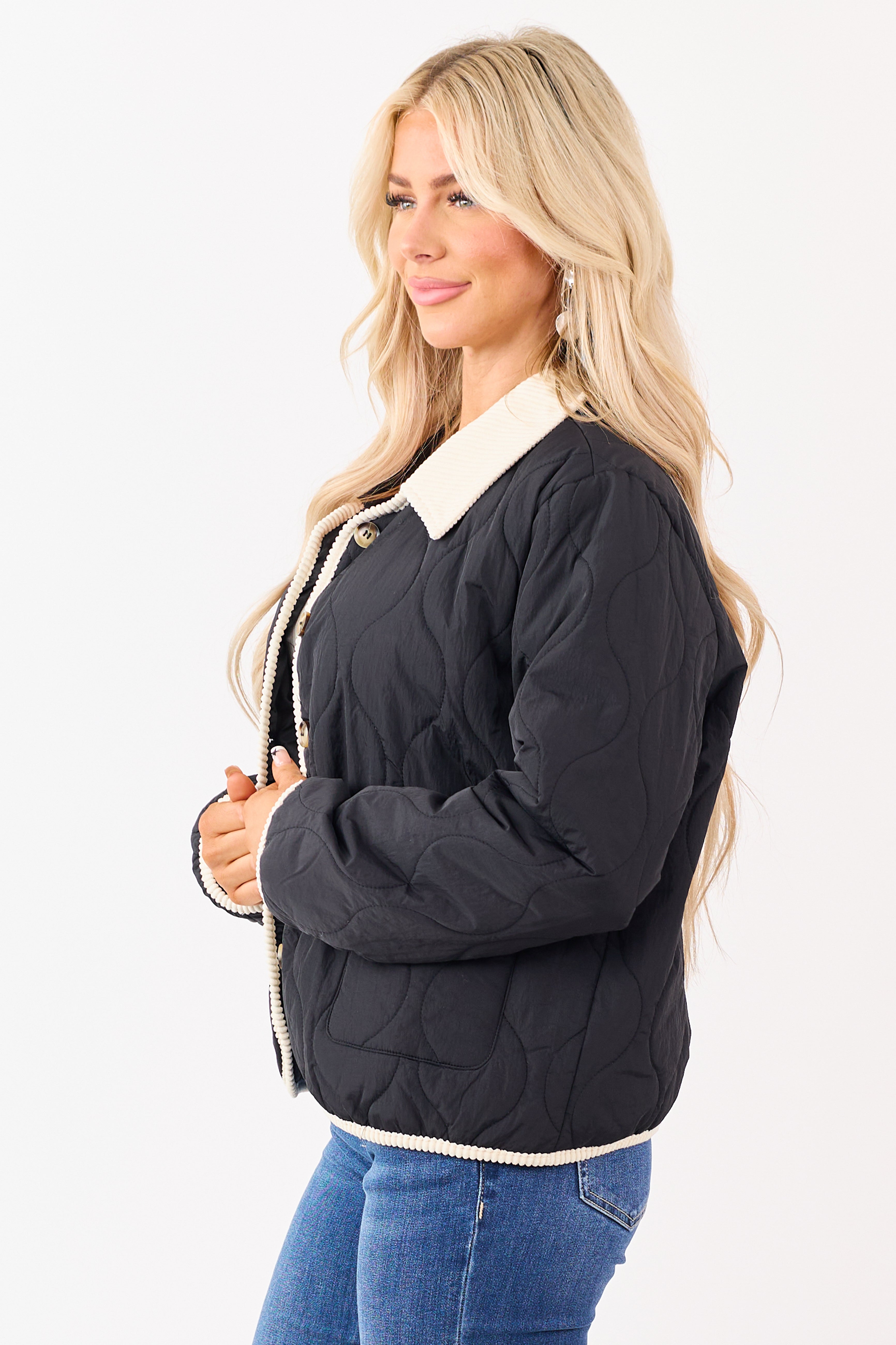 Black Quilted Contrast Corduroy Trim Jacket