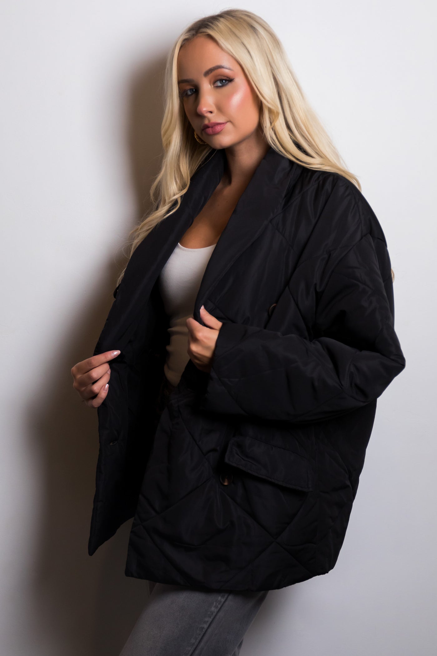 Black Quilted Double Button Down Coat Jacket