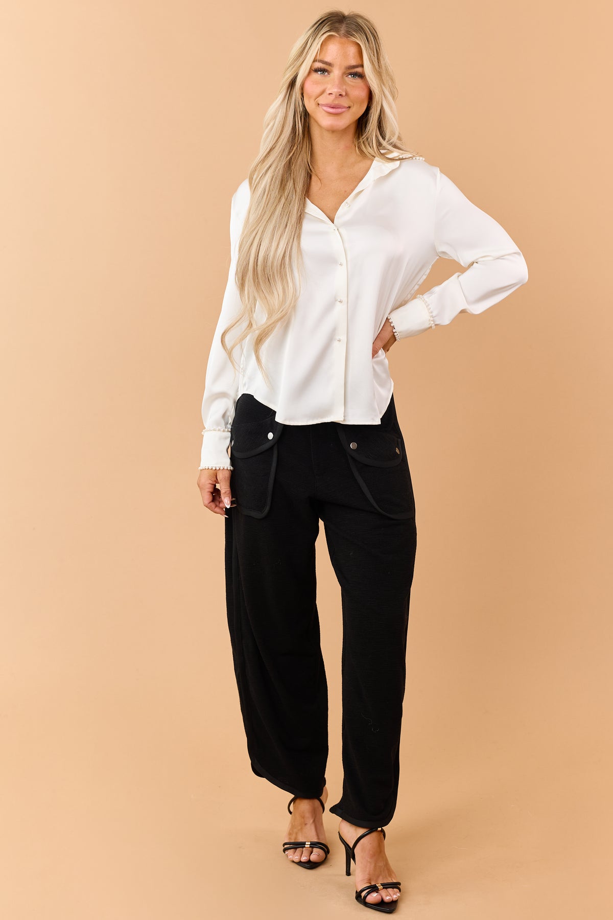 Black Relaxed Textured High Waisted Cargo Pants