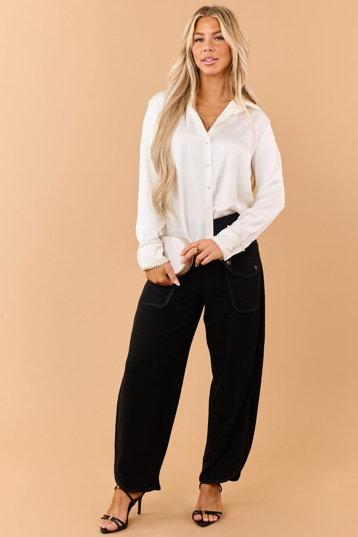Black Relaxed Textured High Waisted Cargo Pants