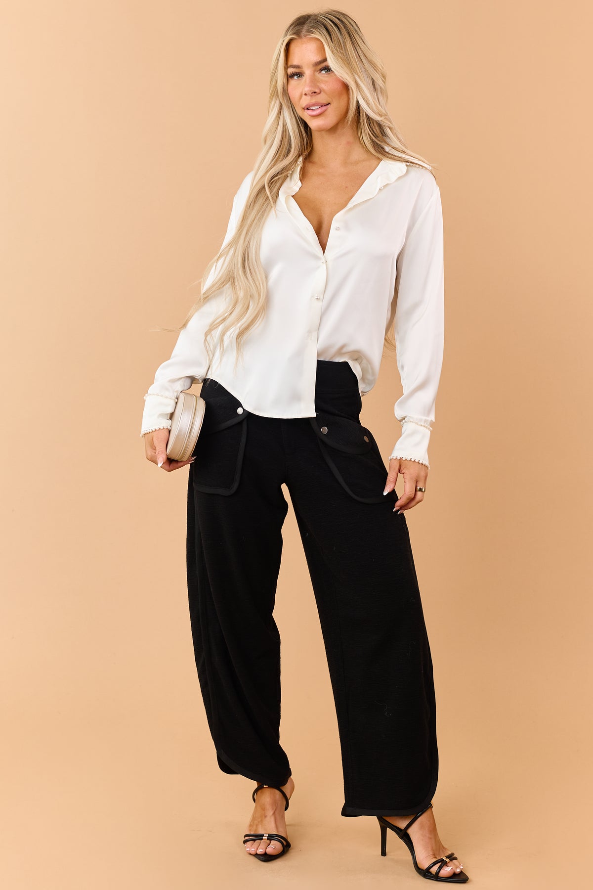 Black Relaxed Textured High Waisted Cargo Pants