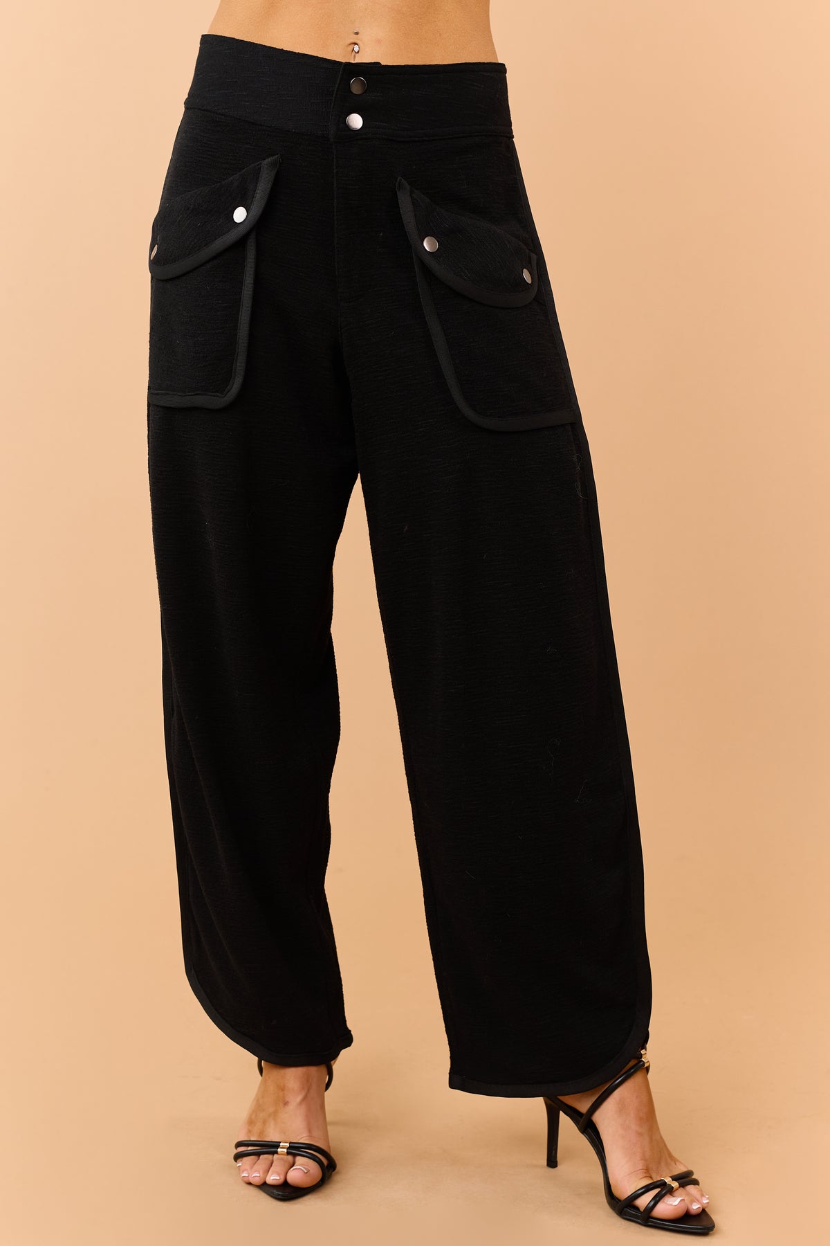 Black Relaxed Textured High Waisted Cargo Pants