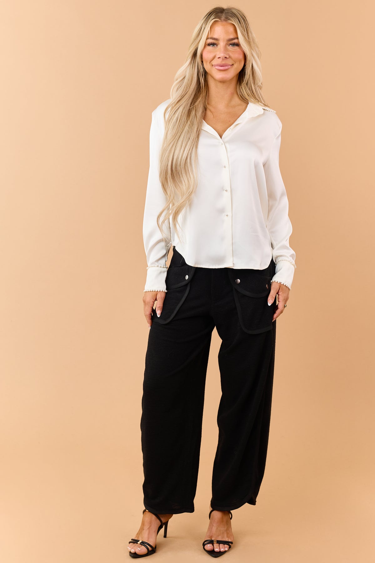 Black Relaxed Textured High Waisted Cargo Pants