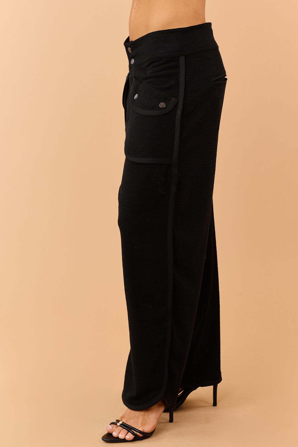 Black Relaxed Textured High Waisted Cargo Pants