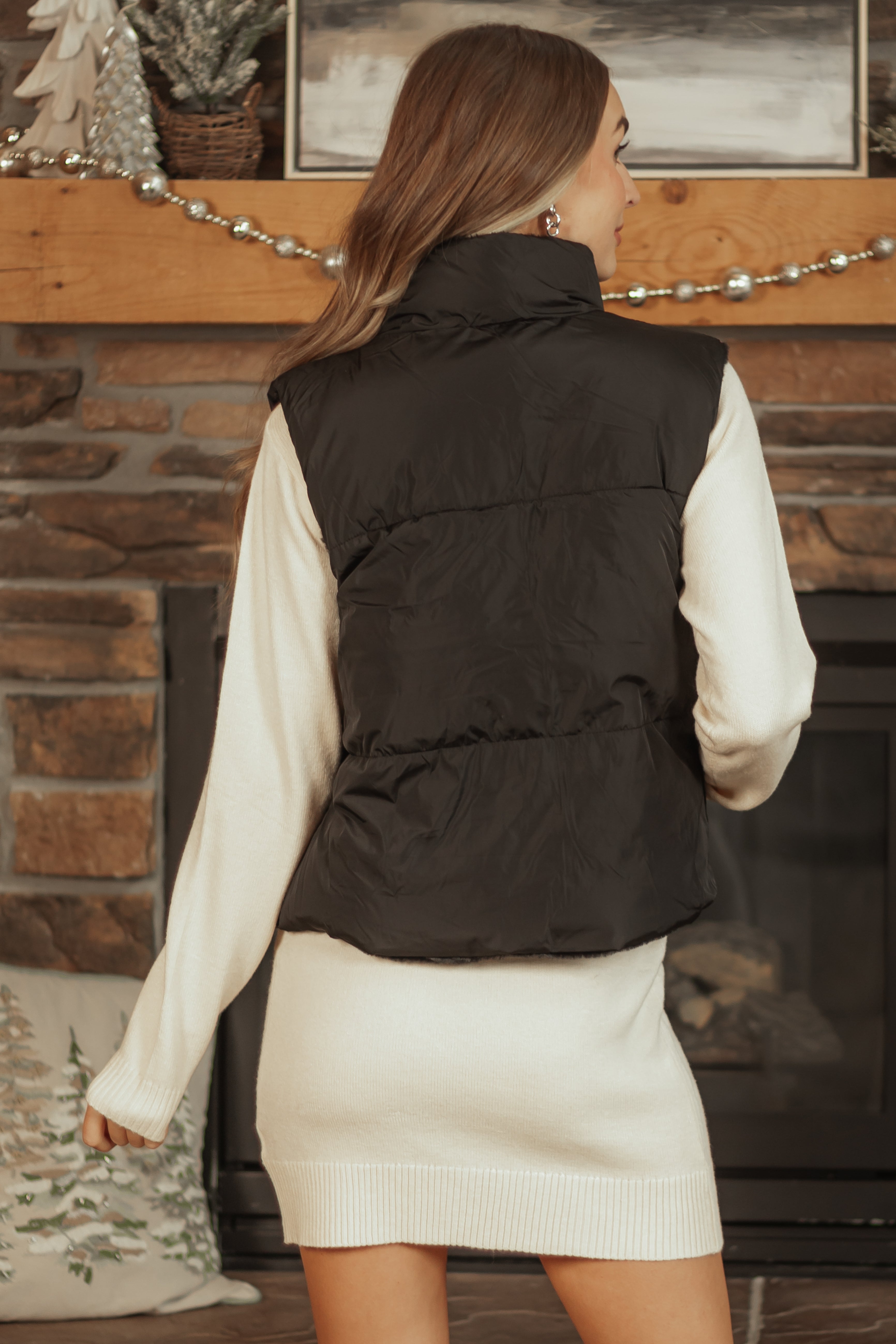 Black Reversible Faux Fur Quilted Zip Up Vest | Lime Lush Boutique