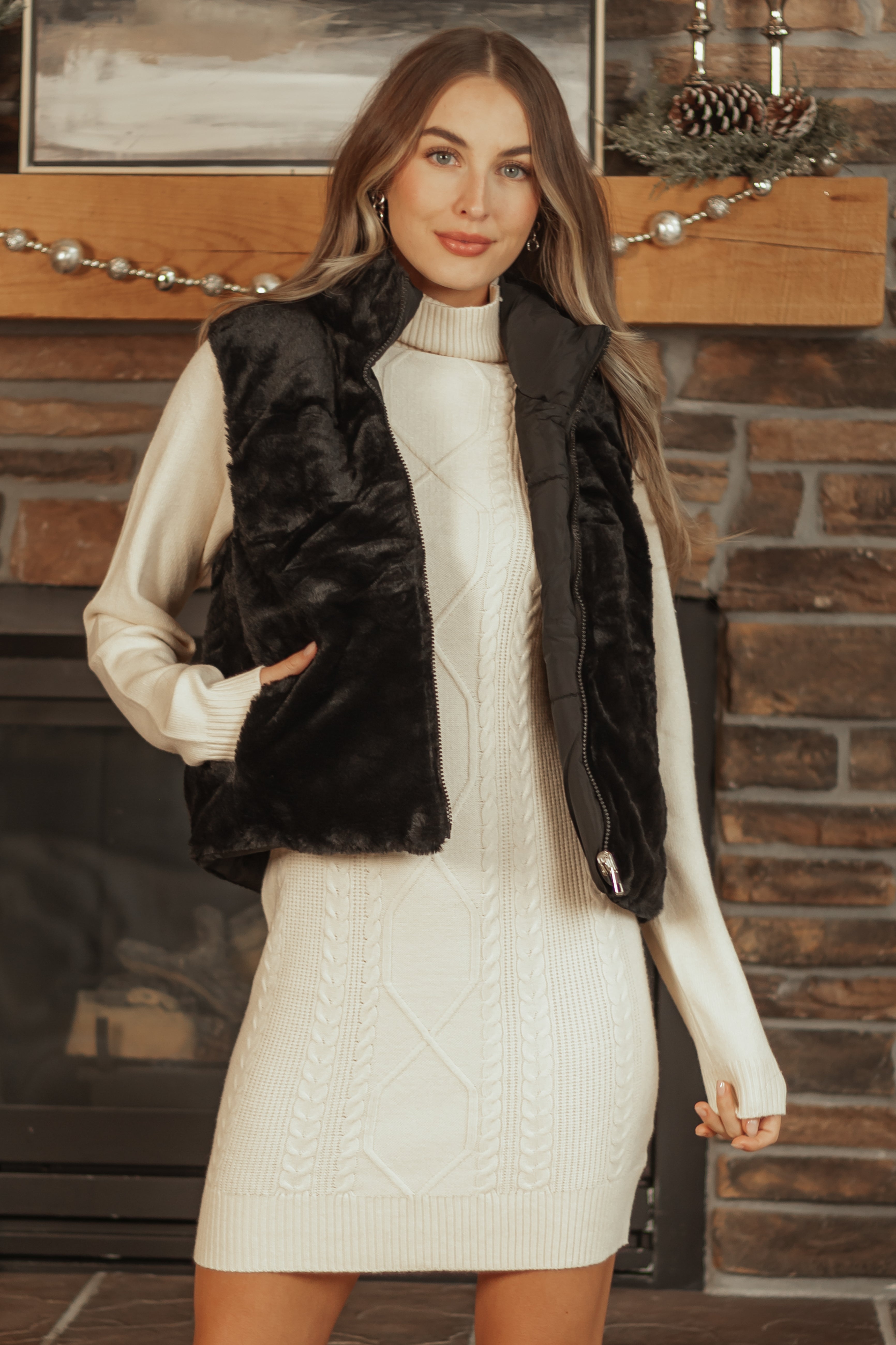Black Reversible Faux Fur Quilted Zip Up Vest | Lime Lush Boutique